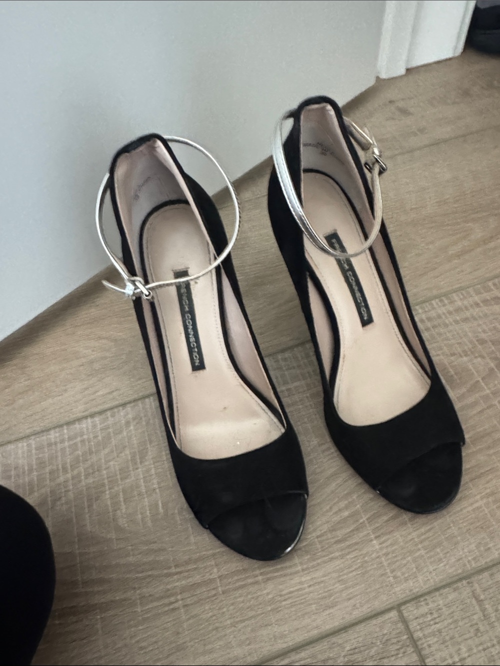 French Connection Black Peep-Toe Heels with Silver Ankle Straps